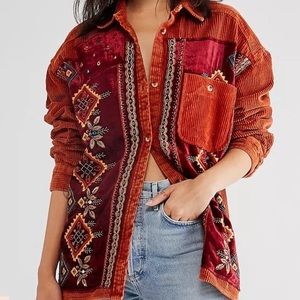 Free People Best Dressed Burnt Orange Corduroy Beaded Button Down Size M